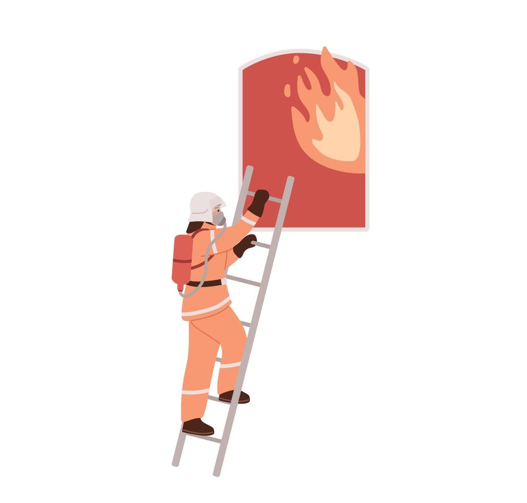 Firefighter climbing up the ladder to the window. Saving from the fire. Saving lives.  Firemen wearing uniform extinguishing the fire flame. Isolated. Flat vector illustration.