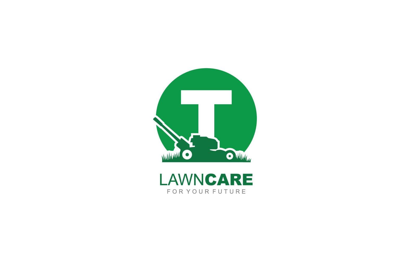 T logo lawncare for branding company. mower template vector illustration for your brand.