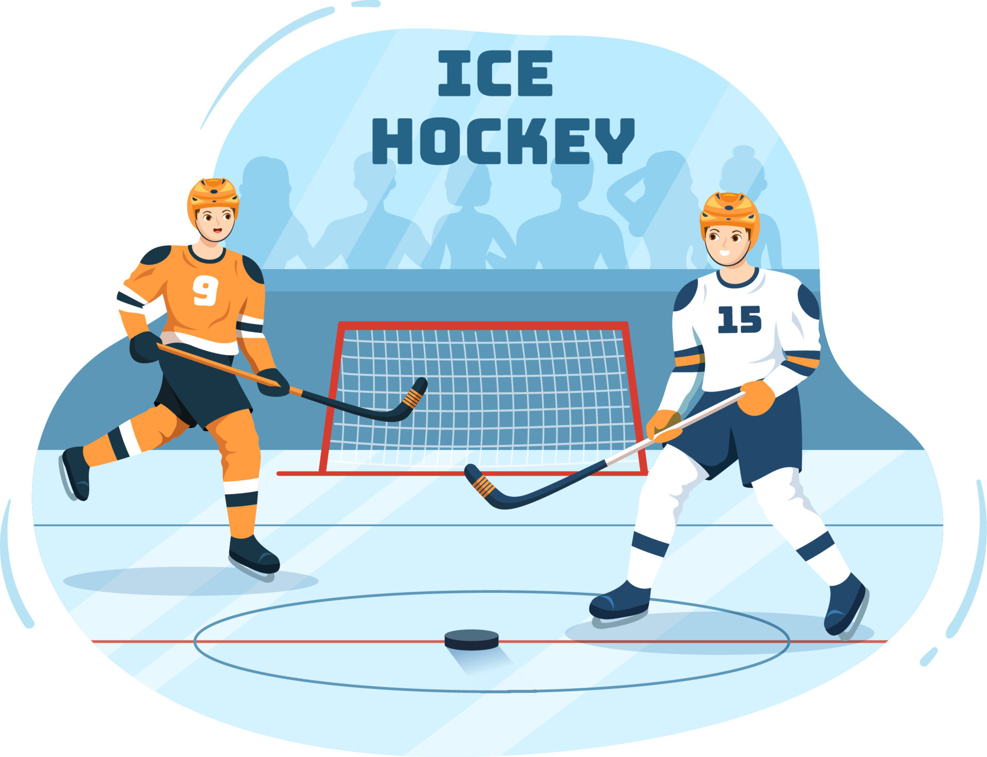 Ice Hockey Player Sport With Helmet Stick Puck And Skates In Ice 