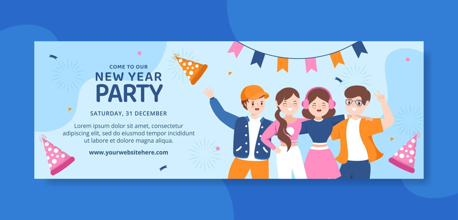 Happy New Year Celebration Banner Flat Cartoon Hand Drawn Templates Illustration vector
