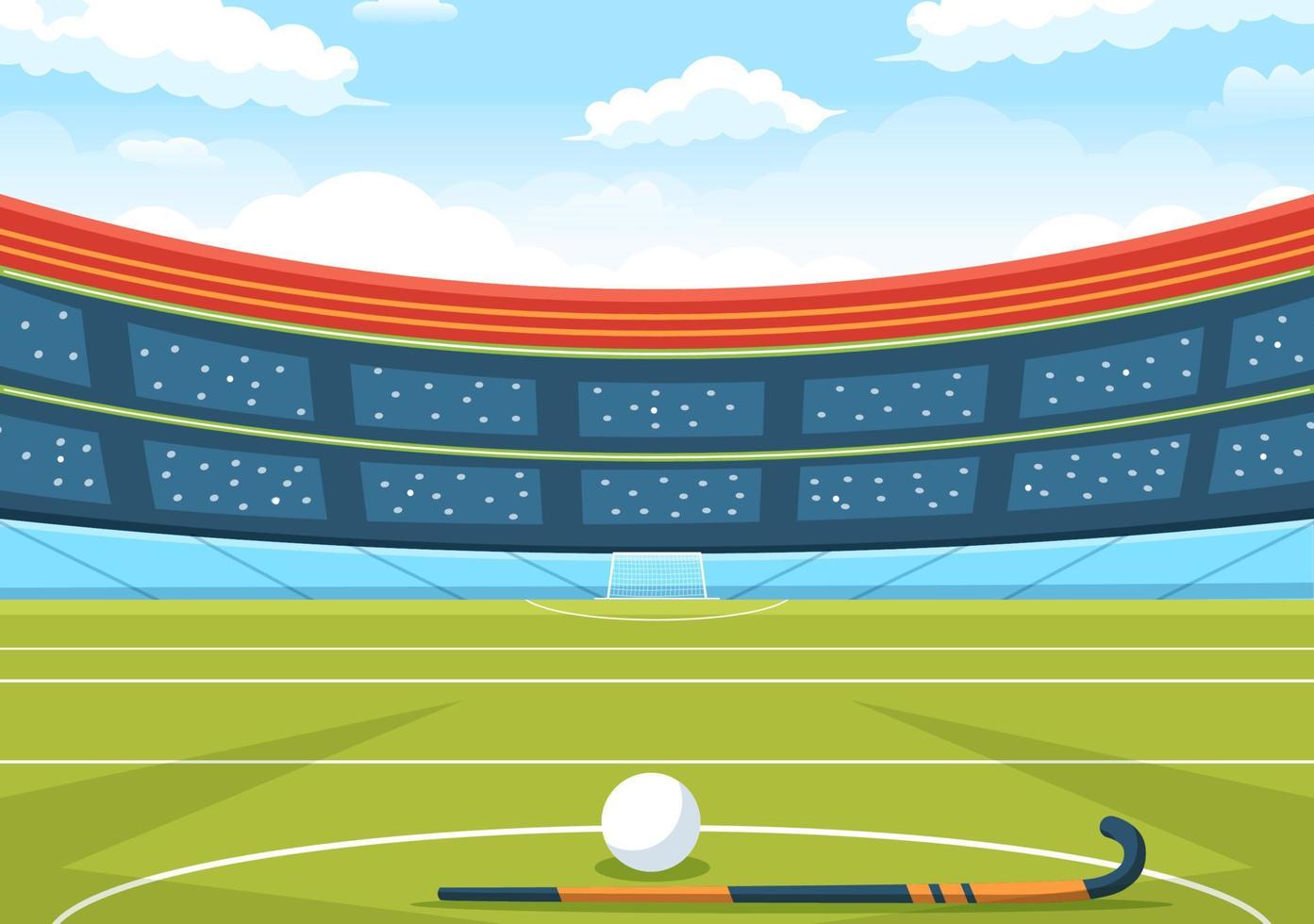 Hockey Player Sport with Helmet, Stick, Puck and Skates on Green Field for Game or Championship in Flat Cartoon Hand Drawn Templates Illustration vector