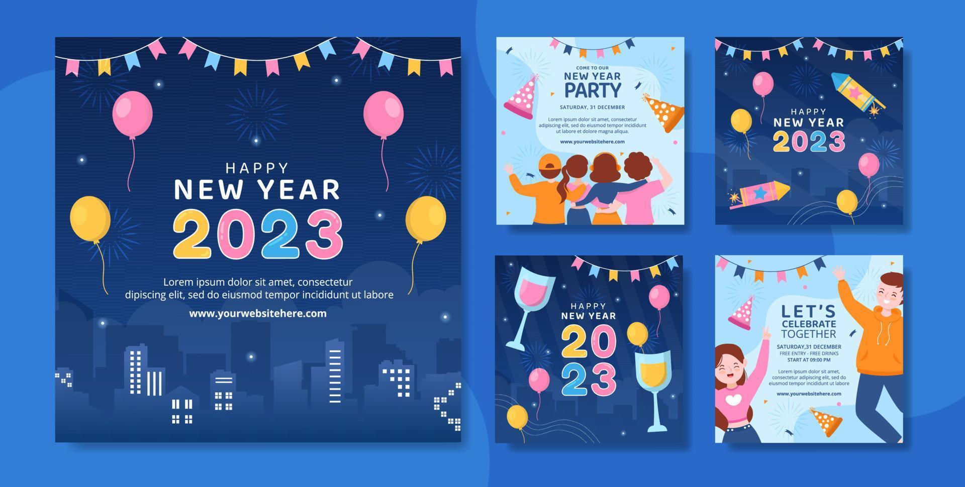 Happy New Year Celebration Social Media Post Flat Cartoon Hand Drawn Templates Illustration vector