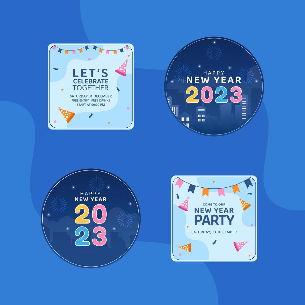 Happy New Year Celebration Label Flat Cartoon Hand Drawn Templates Illustration vector