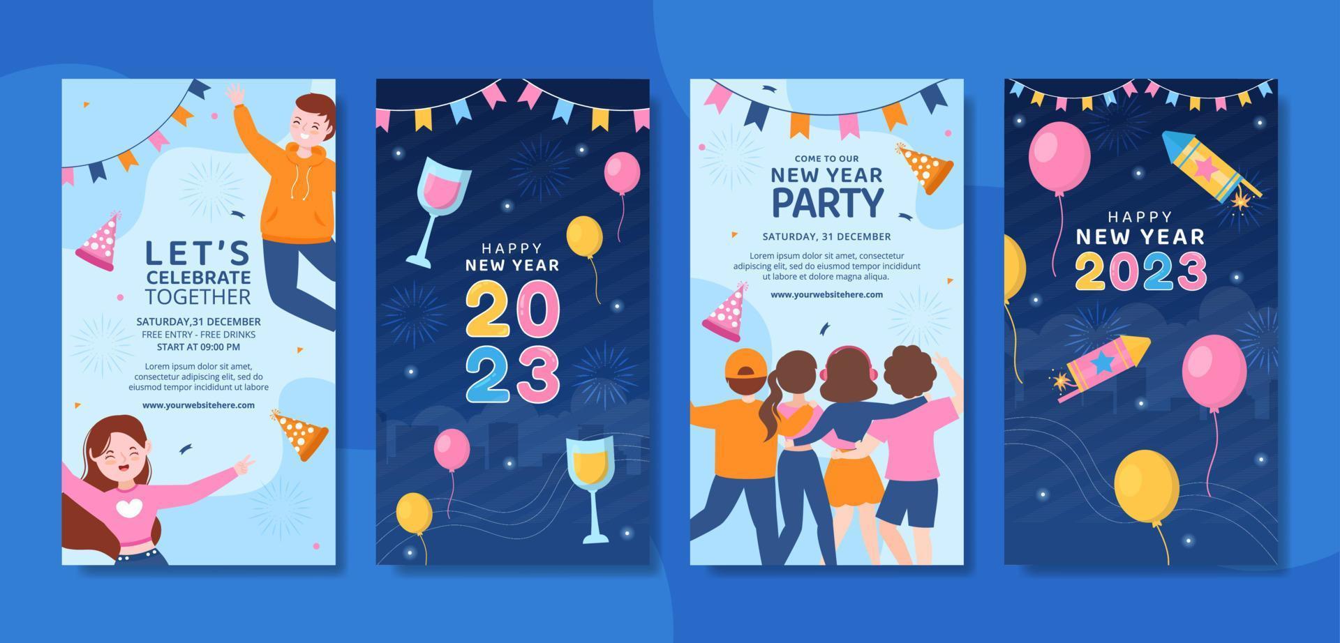 Happy New Year Celebration Social Media Stories Flat Cartoon Hand Drawn Templates Illustration vector