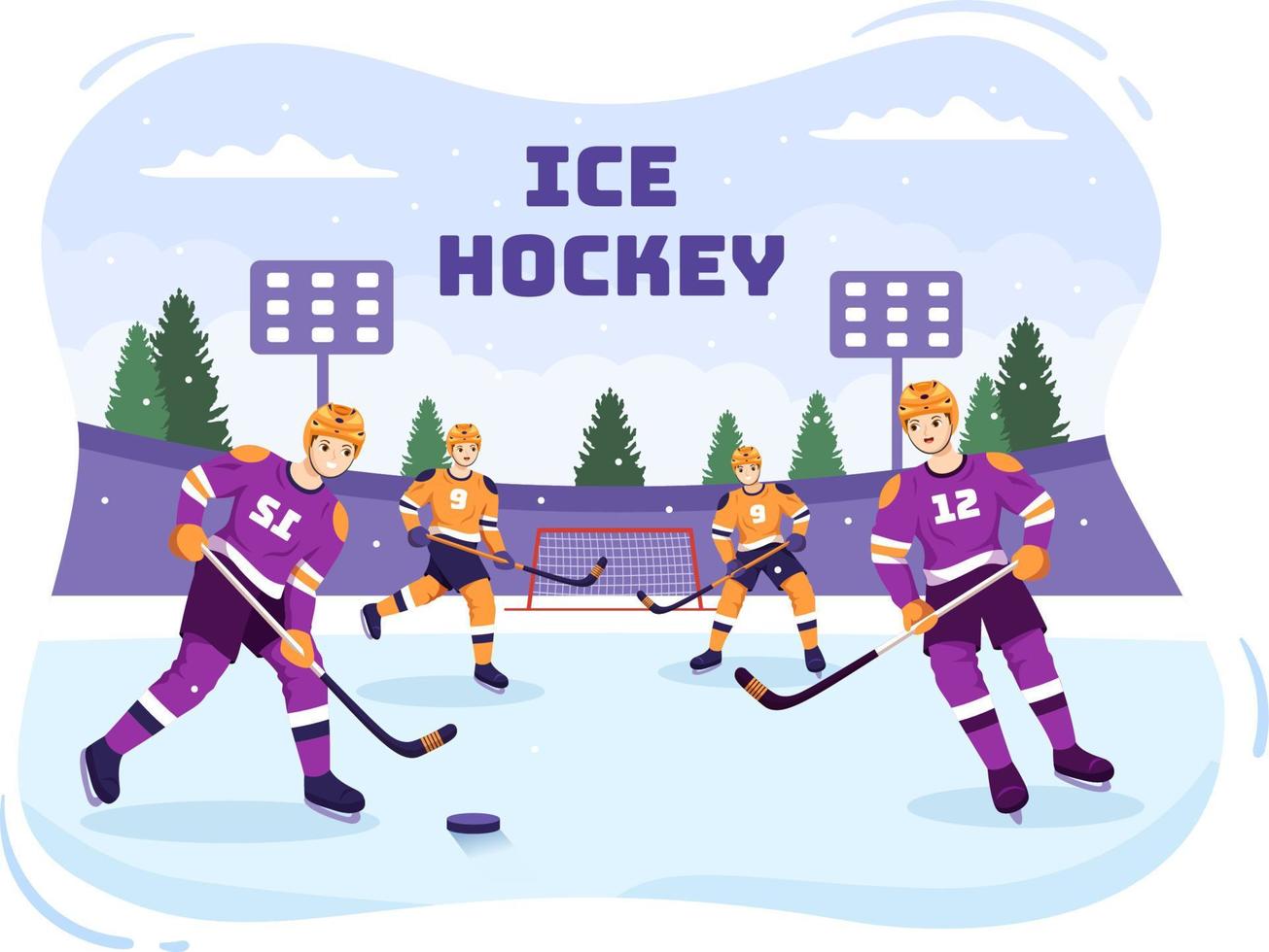 deporte de jugador de hockey sobre hielo con casco, palo, disco y patines en la superficie de hielo para juego o campeonato en ilustración de plantillas dibujadas a mano de dibujos animados planos vector