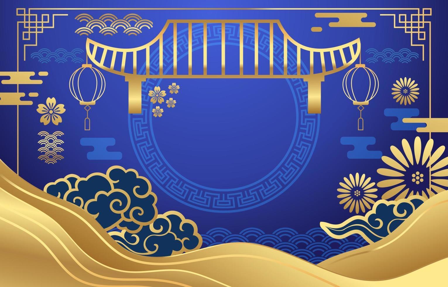 año nuevo chino fondo azul real con adornos dorados vector