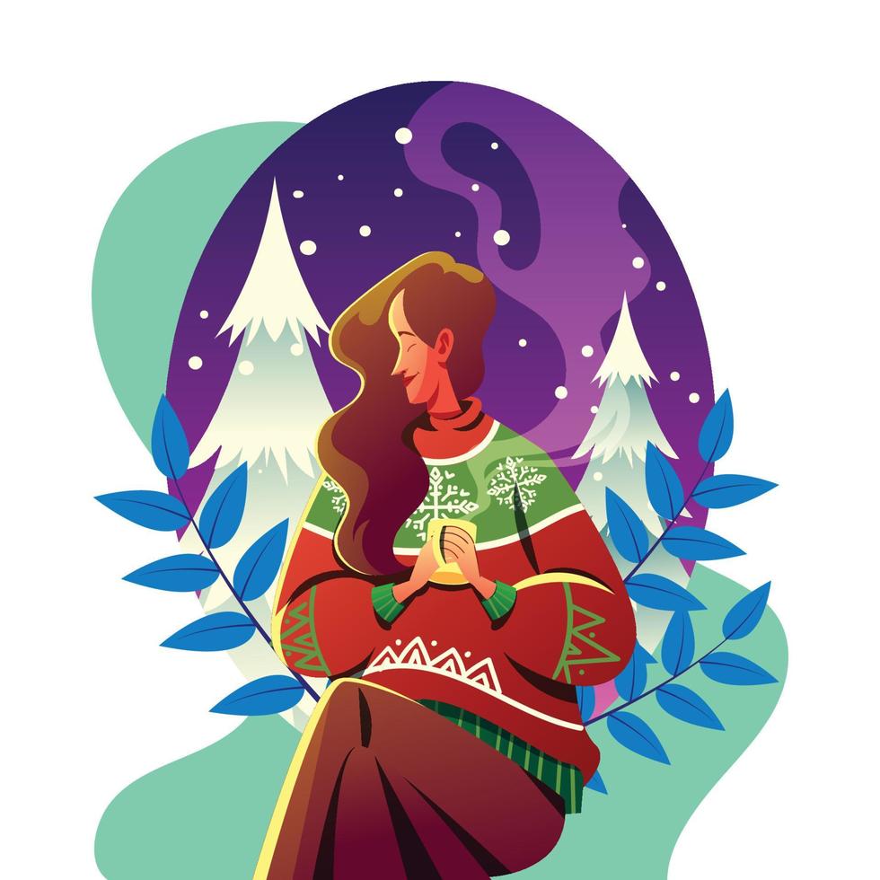 Girl with Ugly Sweater in Christmas Night vector