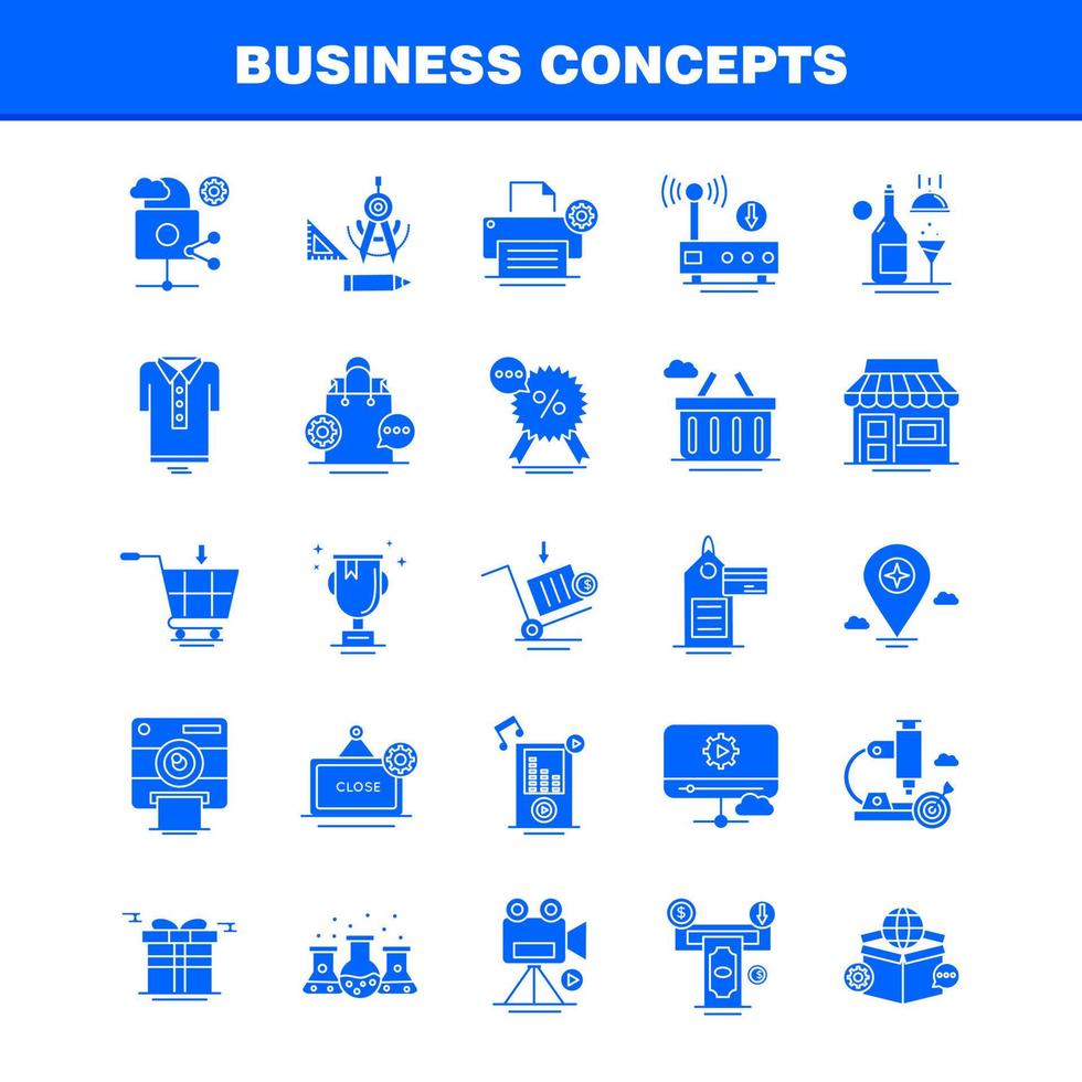 Business Concepts Solid Glyph Icons Set For Infographics Mobile UXUI Kit And Print Design Include Open Board Board Shop Mall Calendar Date Months Collection Modern Infographic Logo and Pict vector