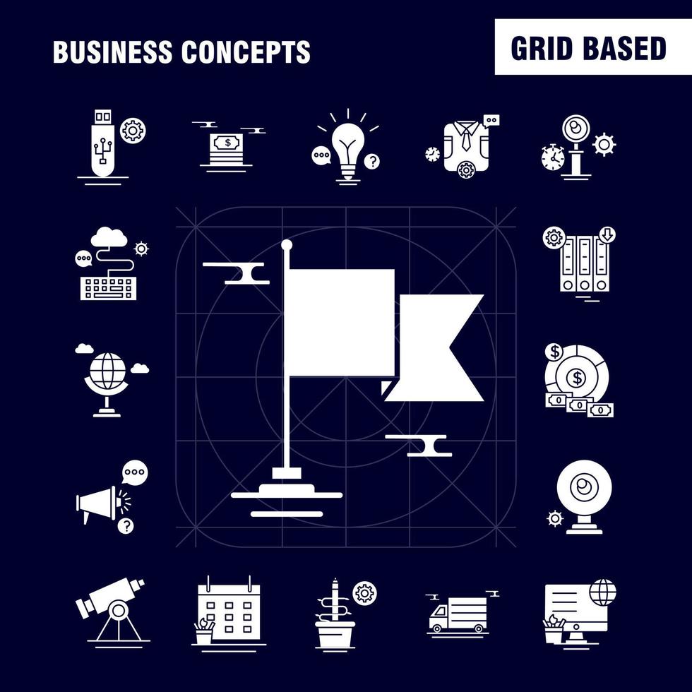 Business Concepts Solid Glyph Icons Set For Infographics Mobile UXUI Kit And Print Design Include Clipboard Setting Gear Pencil Monitor Internet Setting Dollar Collection Modern Infographi vector