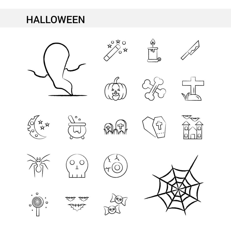 estilo de conjunto de iconos dibujados a mano de halloween aislado en vector de fondo blanco