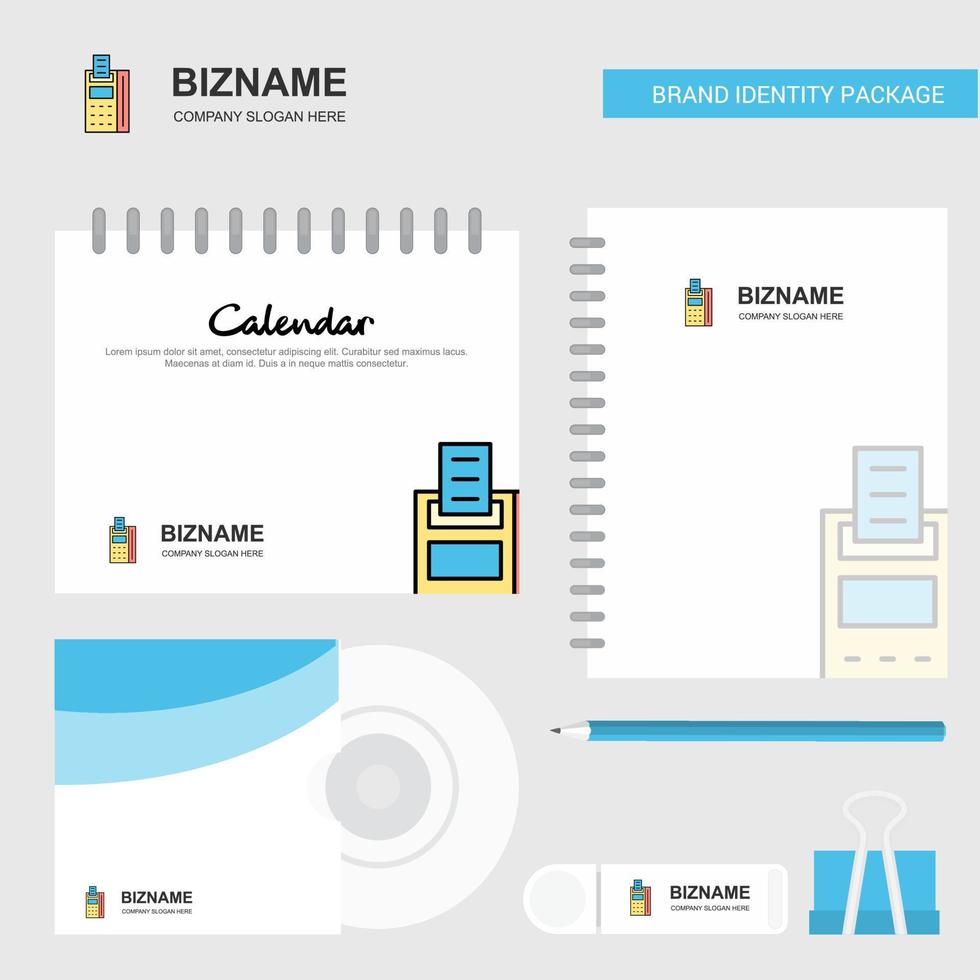 plantilla de calendario de logotipo de máquina de fax diario de portada de cd y plantilla de vector de diseño de paquete estacionario de marca usb