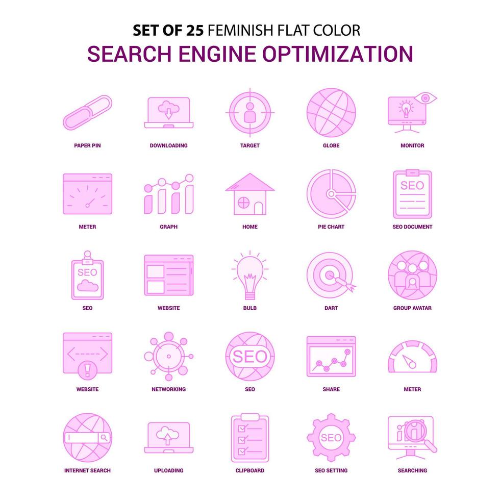 Set of 25 Feminish Search Engine Optimization Flat Color Pink Icon set vector