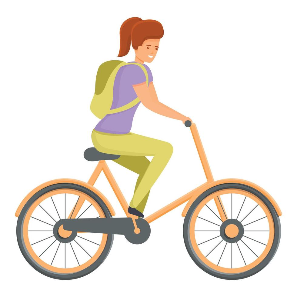 niña, paseo, escuela, bicicleta, icono, caricatura, estilo vector