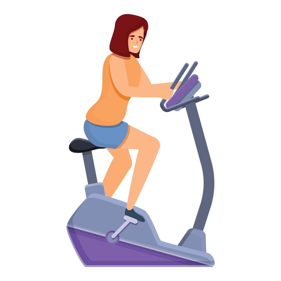 icono de bicicleta de ejercicio de mujer, estilo de dibujos animados vector