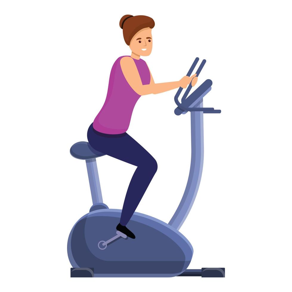 Smiling girl exercise bike icon, cartoon style vector