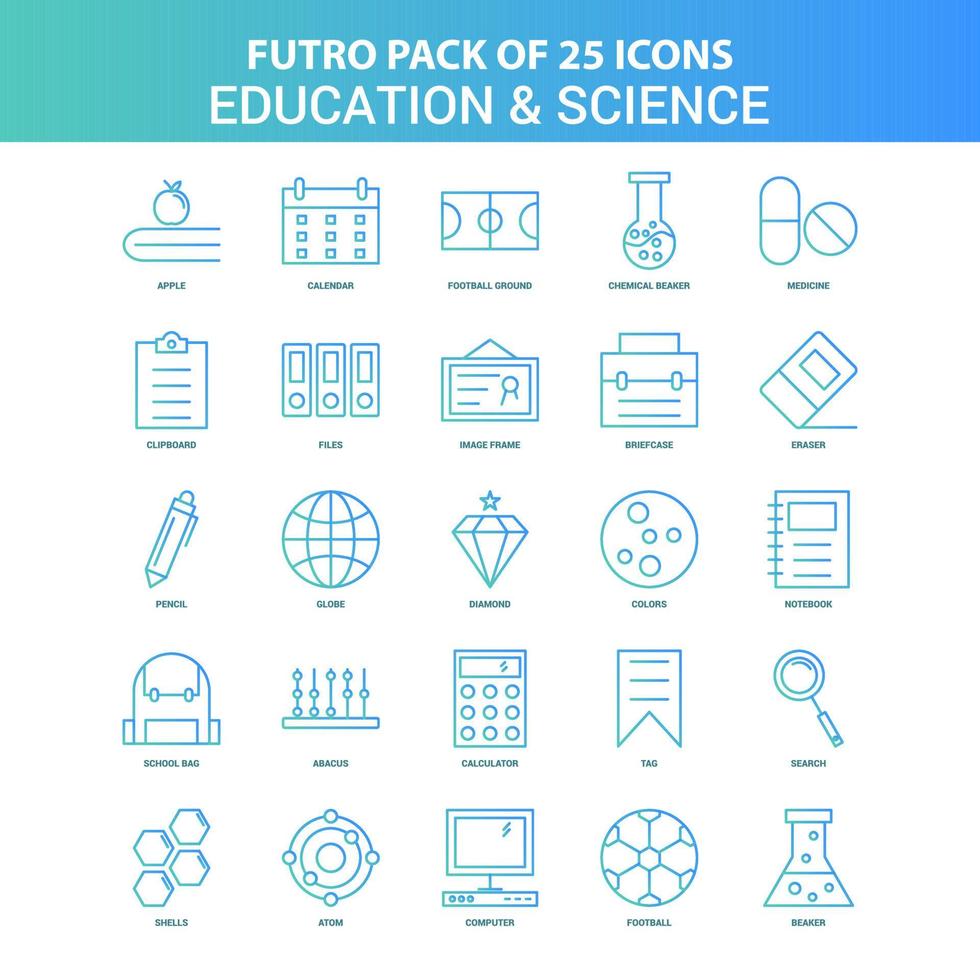 25 paquete de iconos de educación y ciencia del futuro verde y azul vector