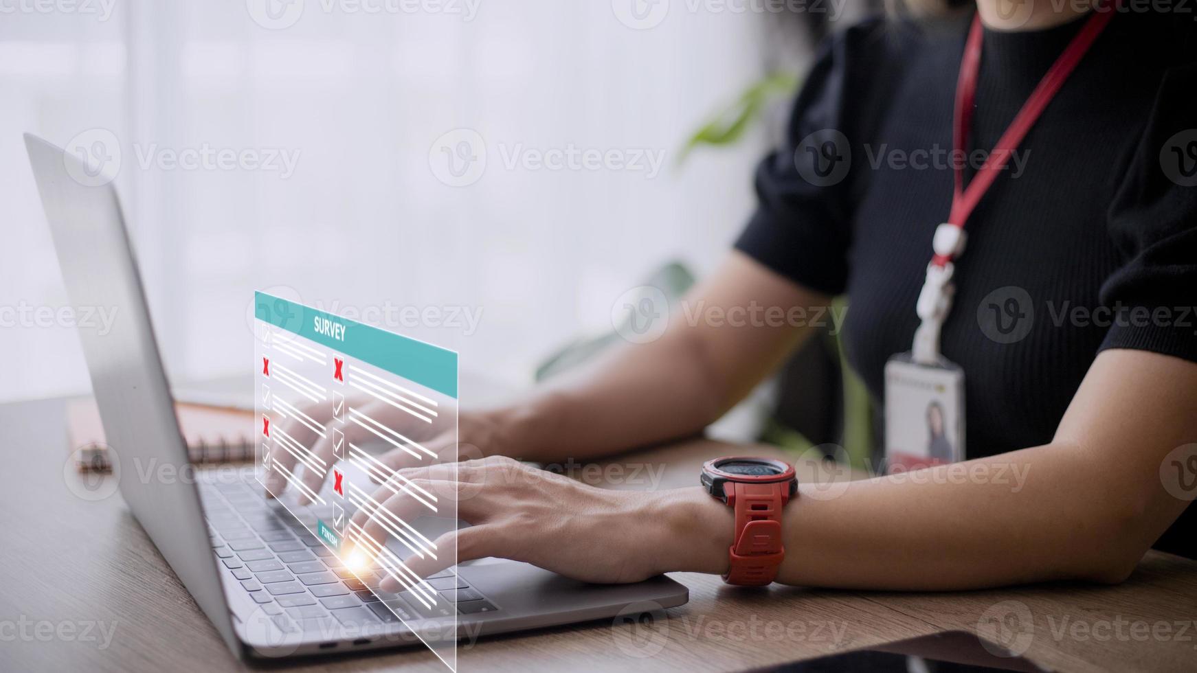 Survey form concept. Check marks on checklist and Filling online form or answering questions. Customer Experiences and satisfaction concept. photo