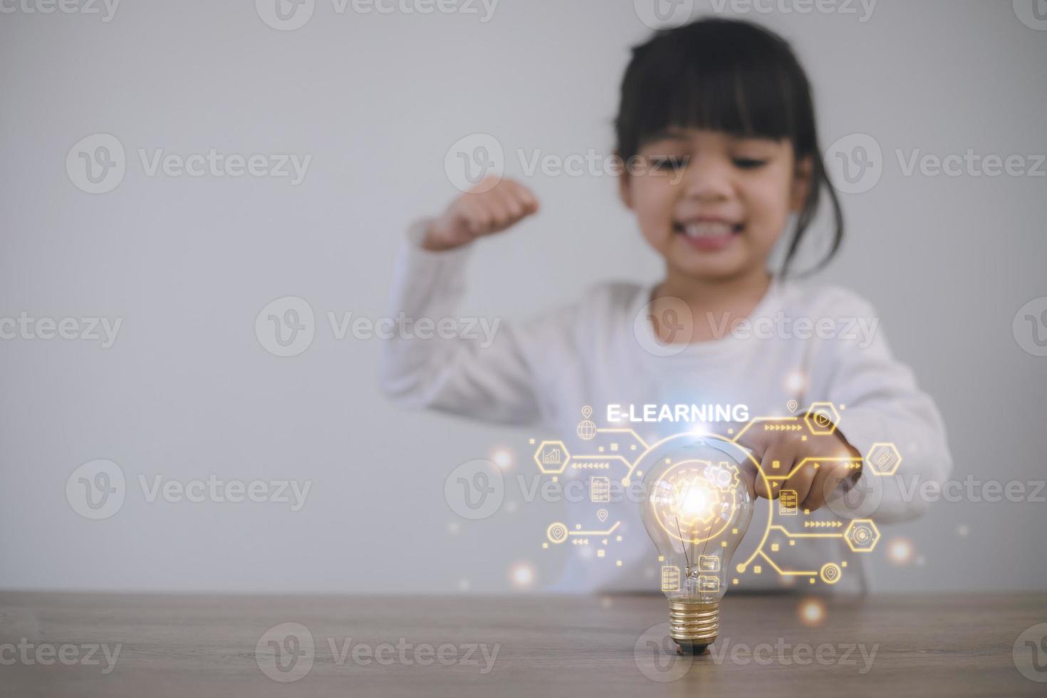 Education technology concept. Schoolgirl learning in the room. Online school. EdTech.E-learning concept photo