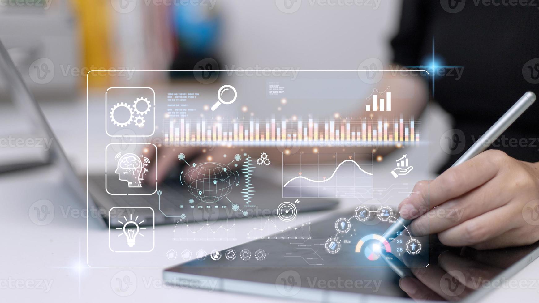 Data scientists. programmer using laptop analyzing and development at various information on futuristic virtual interface screen. Algorithm. marketing and deep learning of artificial intelligence photo