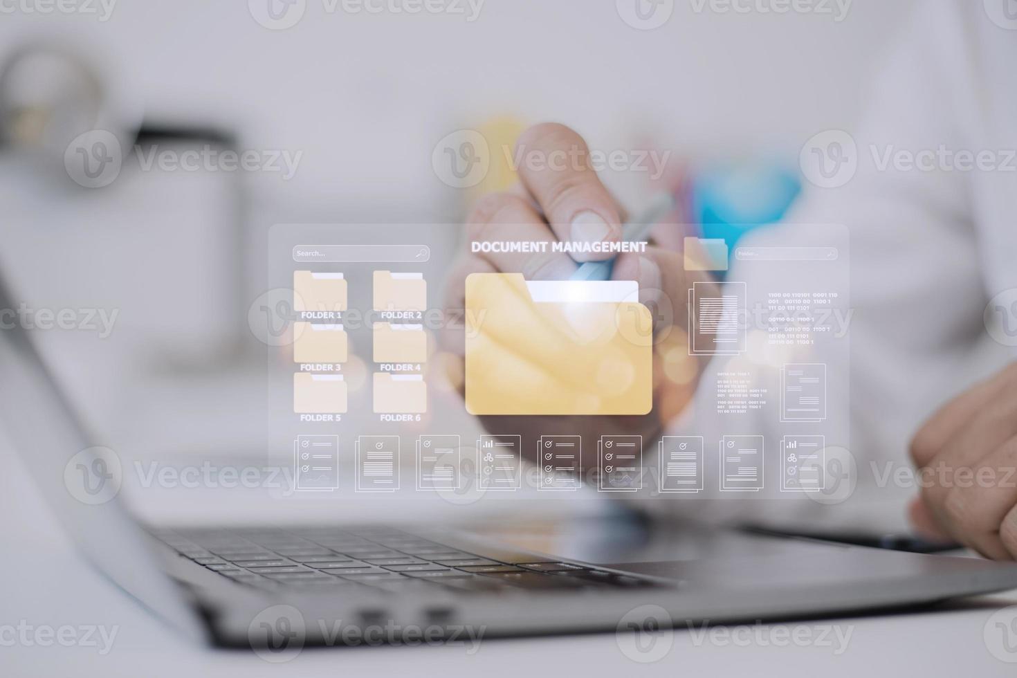 Document management concept. Virtual screen icons Document Management System DMS Online document database, software for efficient archiving, searching and management of company files and data. photo