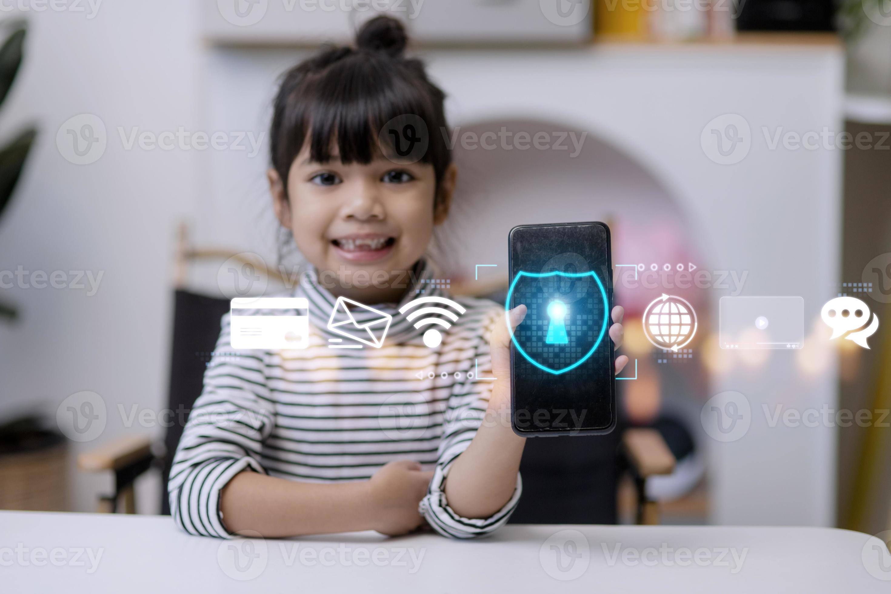 Child safety online. Little girl using smartphone at home. icon of