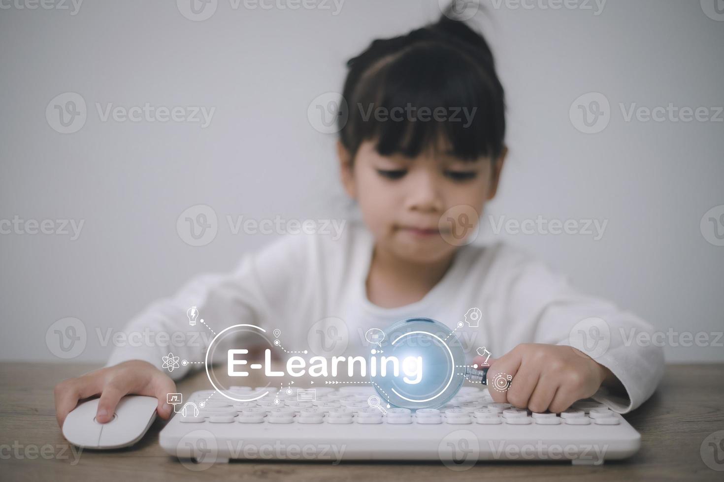 Education technology concept. Schoolgirl learning in the room. Online school. EdTech.E-learning concept photo