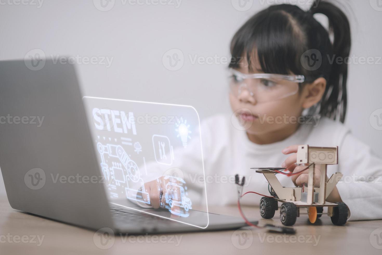 STEM school kids learning education technology building robot car creative ideas construction development programming analysis, graphical icons UI screen photo