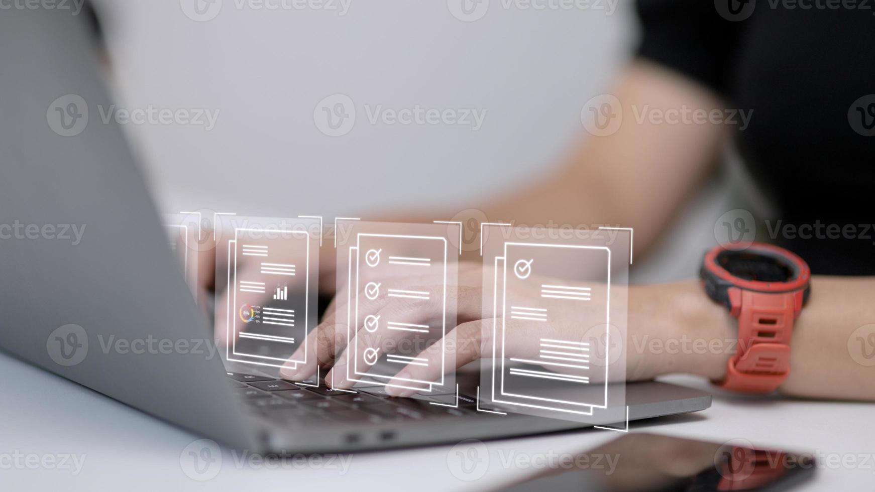 Paperless workplace ideas, e-signing, electronic signature, document management. A businessman signs an electronic document on a digital document on a virtual screen photo