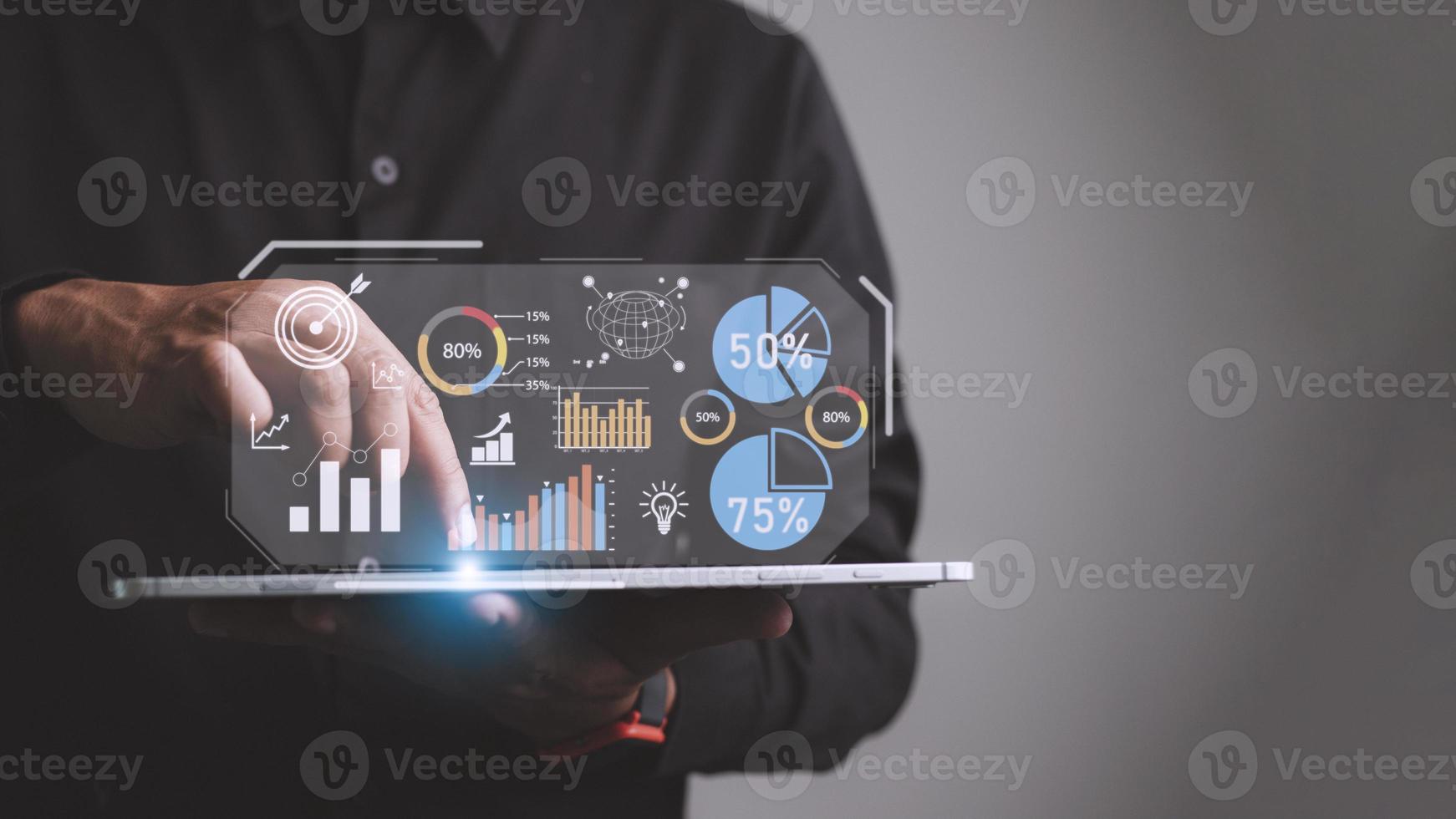 Data analysis, Business intelligence BI, business analytics BA with key performance indicators KPI dashboard concept with financial graphs and market report photo