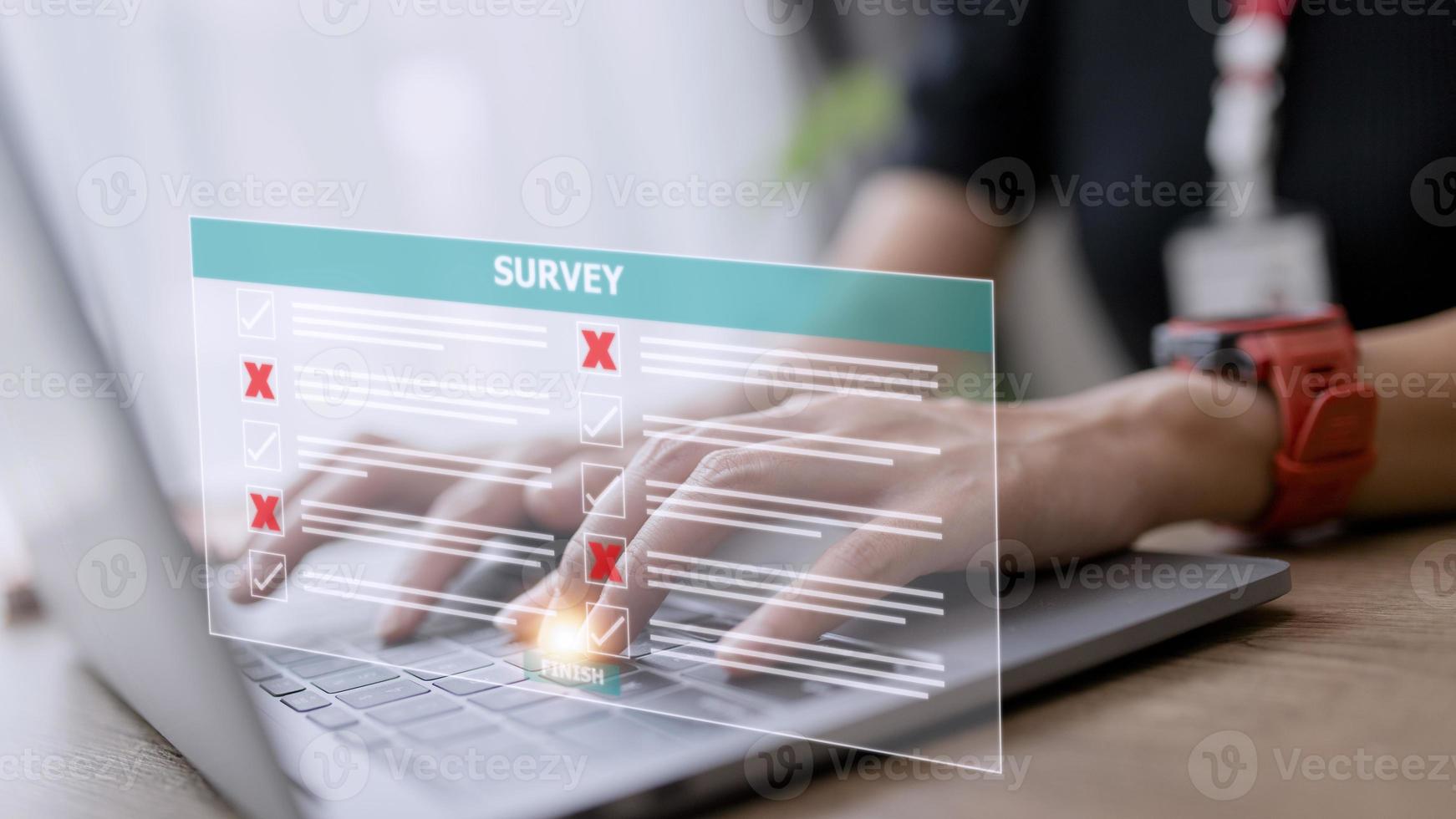 Survey form concept. Check marks on checklist and Filling online form or answering questions. Customer Experiences and satisfaction concept. photo