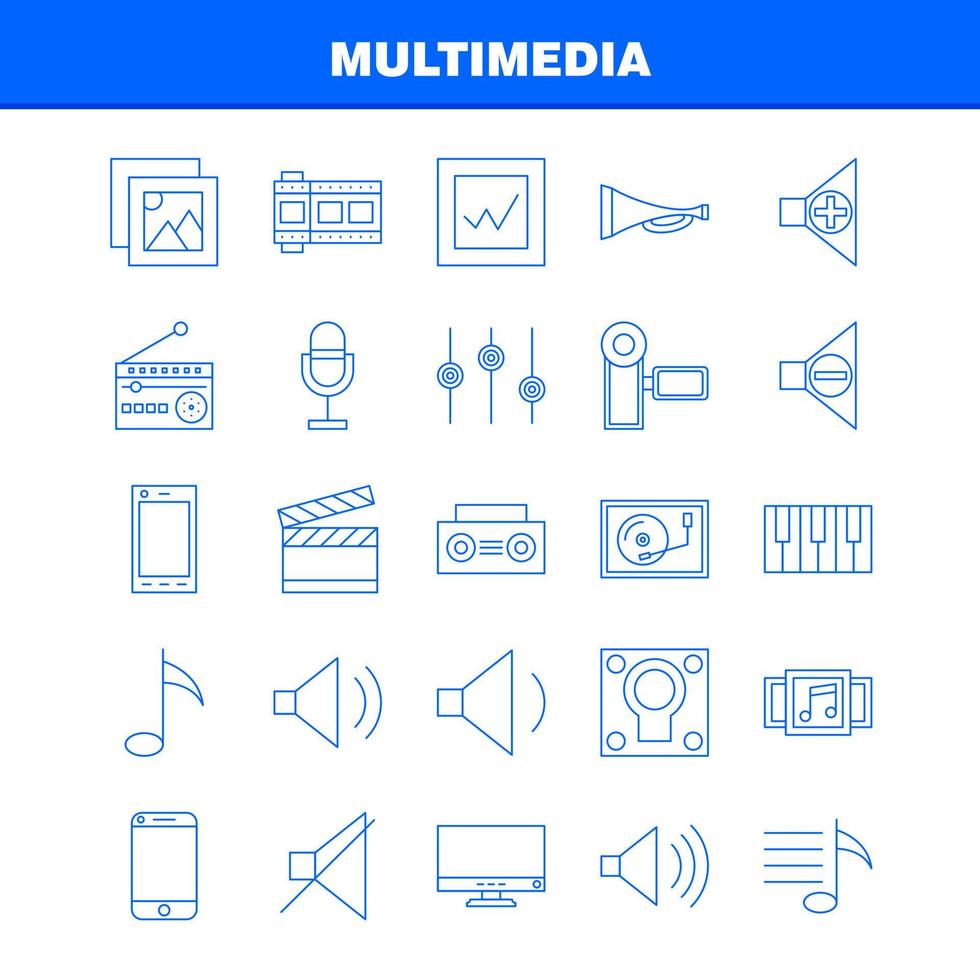 icono de línea multimedia para impresión web y kit uxui móvil, como hardware de teléfono móvil, cámara, imagen de vídeo, paquete de pictogramas de película, vector