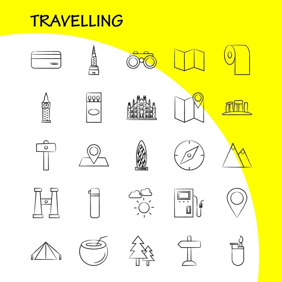 Travelling Hand Drawn Icons Set For Infographics Mobile UXUI Kit And Print Design Include Direction Board Board Direction Traffic Board Dish Food Eps 10 Vector