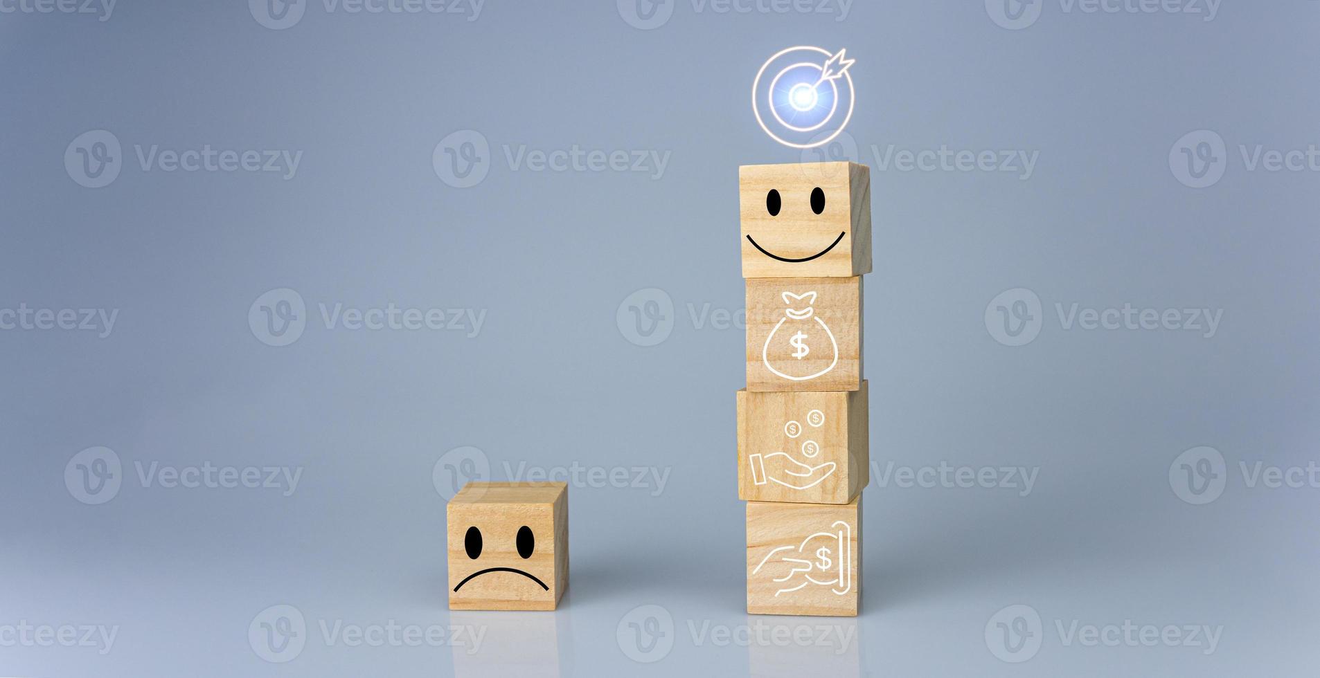 Wood cube block stacking with icon.Concept of business strategy and goal action plan. photo