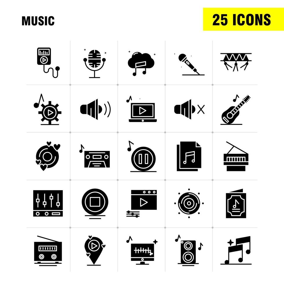 iconos de glifo sólido de música establecidos para infografías kit uxui móvil y diseño de impresión incluyen datos de archivo de reproducción de música configuración de reproducción de música conjunto de iconos de engranajes vector