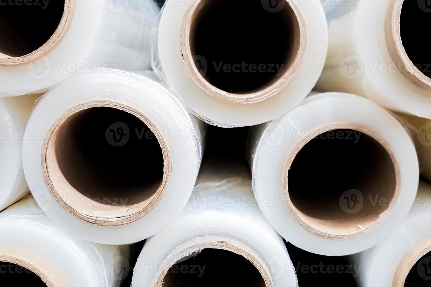 Rolls of shipping film in warehouse. Packing material. photo