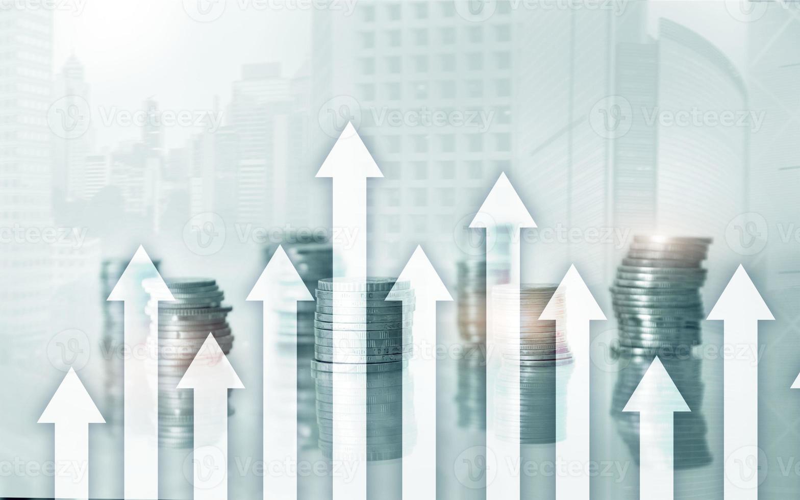 Growth up arrows on futuristic abstract background. Investing or savings to growth up money or business concept. photo