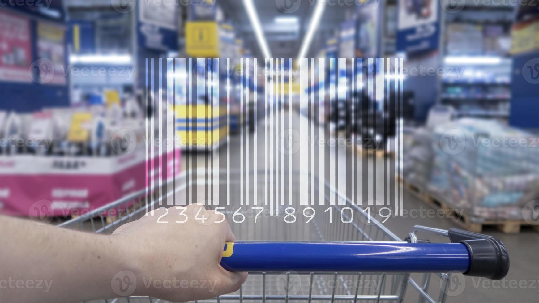 Barcode Mark Market Item Concept on blurred shop background. photo