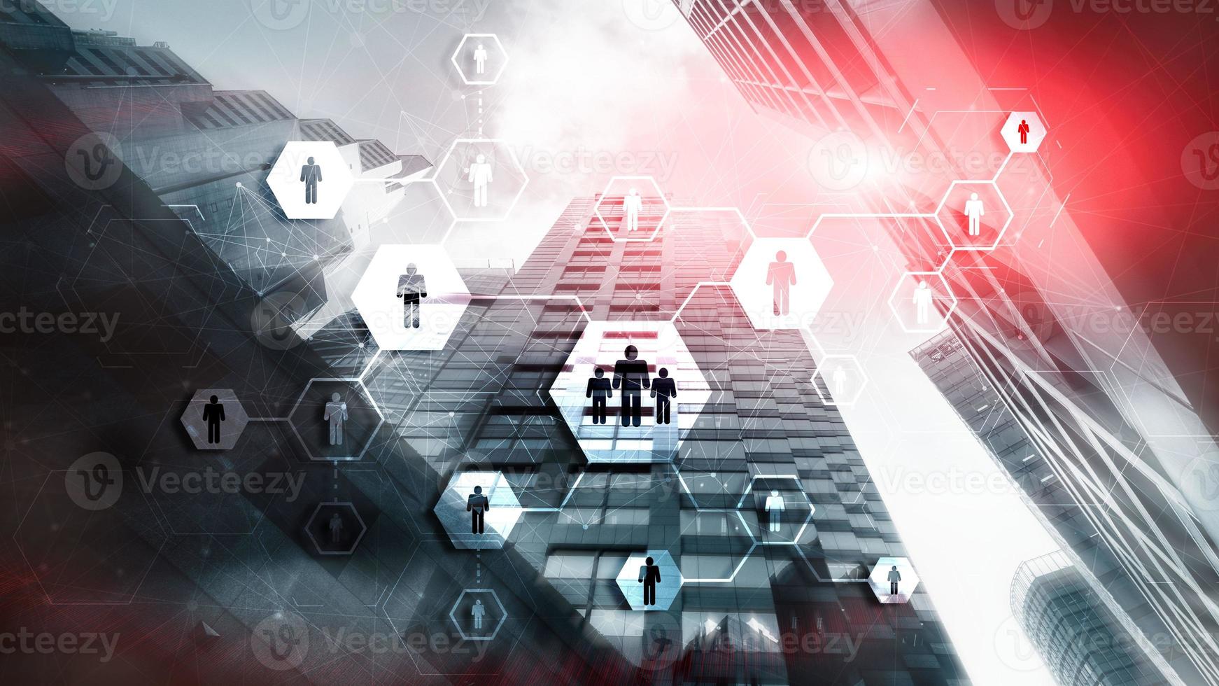 People network connection icons on blurred city connection. Network work connections concept. photo