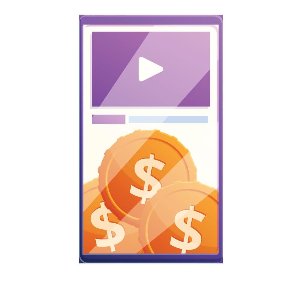 Smartphone video monetization icon, cartoon style vector