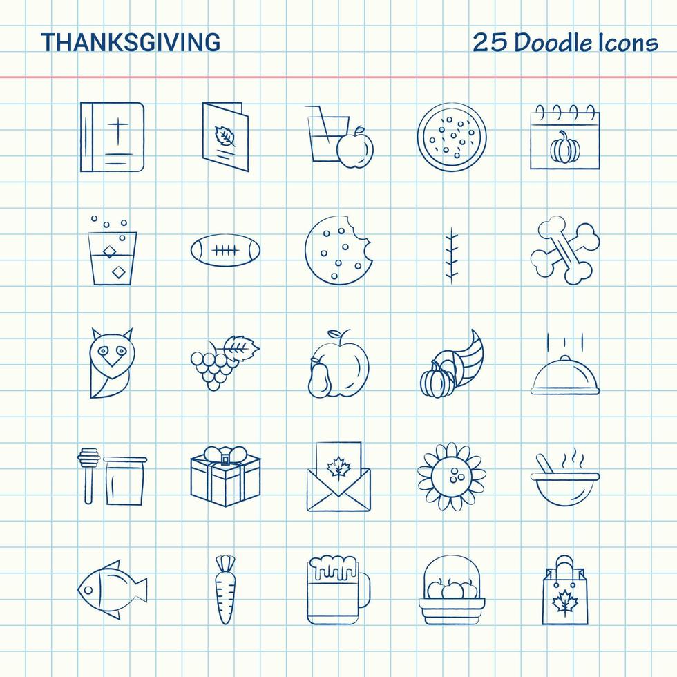 acción de gracias 25 iconos de doodle conjunto de iconos de negocios dibujados a mano vector