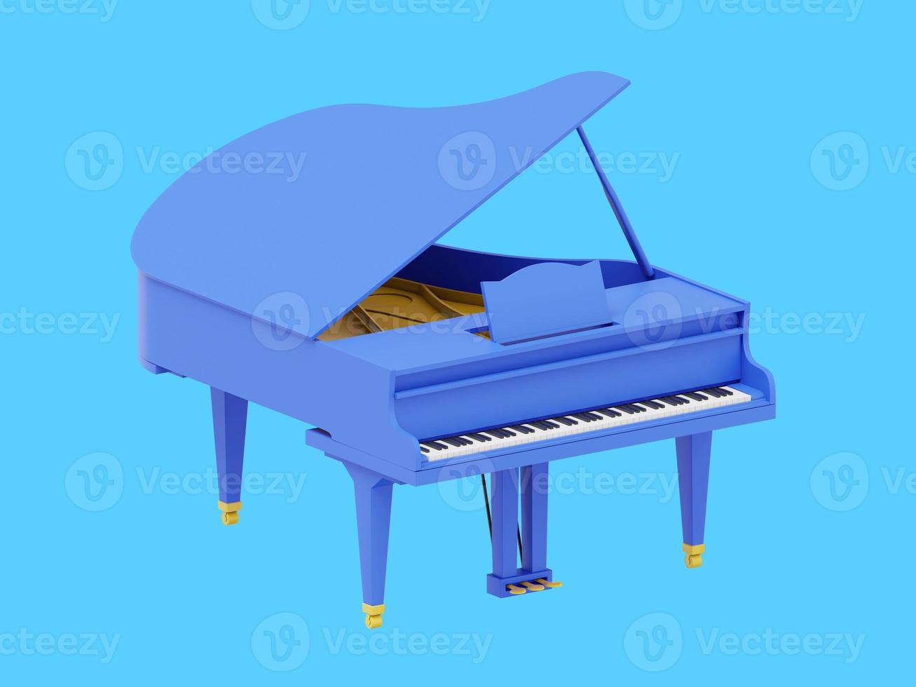 piano de cola azul, instrumento musical. representación 3d icono sobre fondo azul. foto