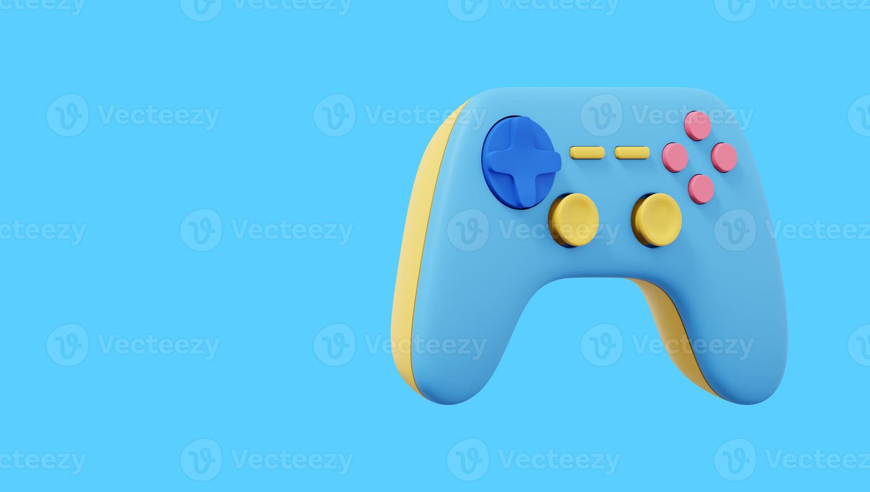 Realistic console game controller. Multicolored icon on blue background with space for text. 3D rendering. photo