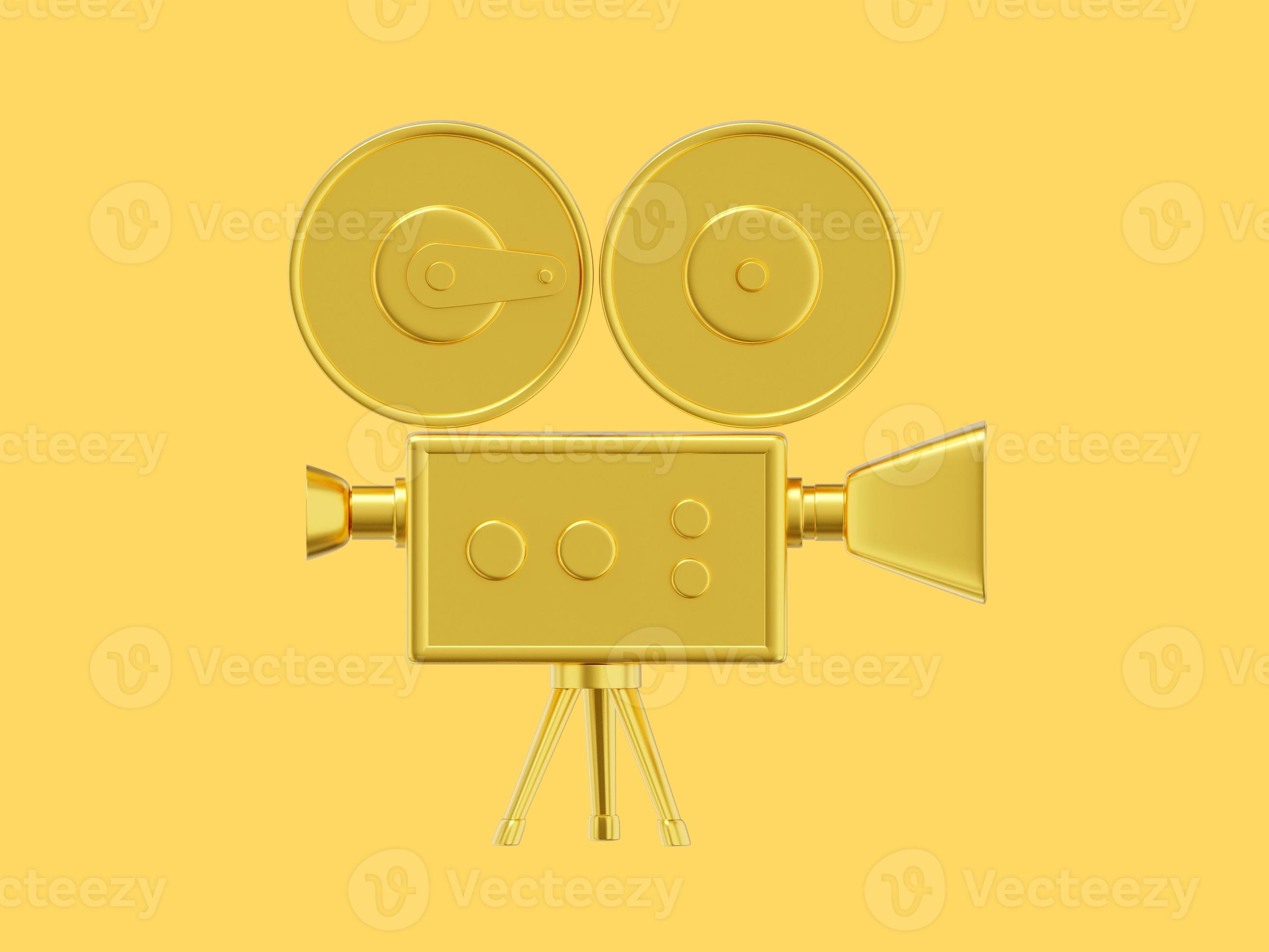 Vintage gold cartoon style movie camera. Funny retro video camera. 3D  rendering. Icon on yellow background 14281812 Stock Photo at Vecteezy