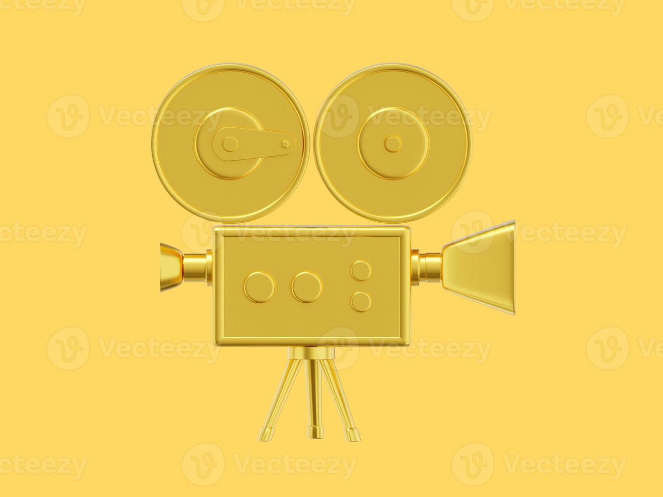 Vintage gold cartoon style movie camera. Funny retro video camera. 3D rendering. Icon on yellow background photo