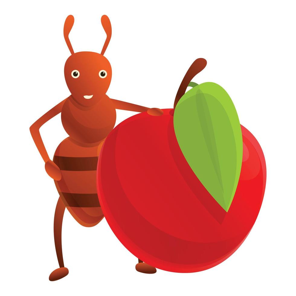 Ant red apple icon, cartoon style vector