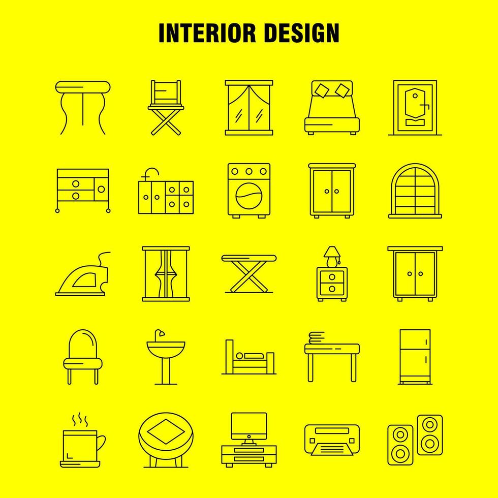 los iconos de la línea de diseño de interiores establecidos para infografías kit de uxui móvil y diseño de impresión incluyen muebles hogar lavabo puerta cerradura habitación muebles cocina conjunto de iconos vector