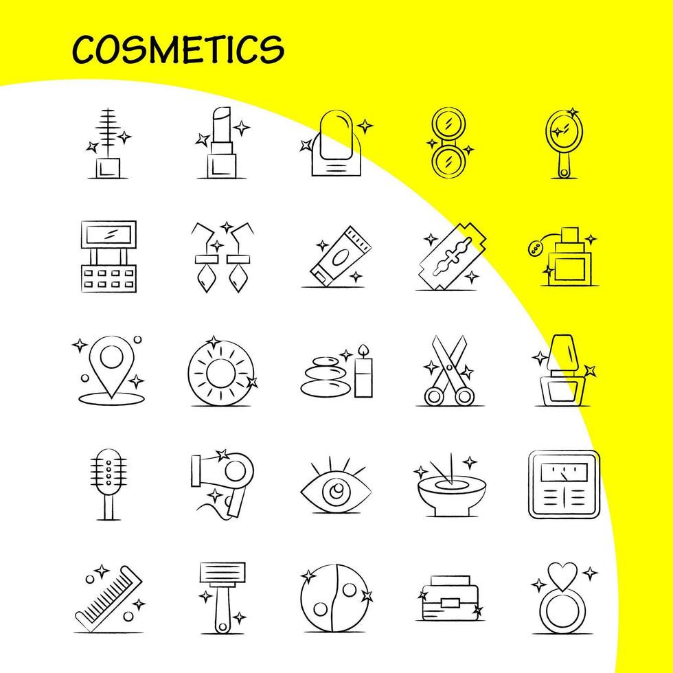 iconos dibujados a mano de cosméticos establecidos para infografía kit uxui móvil y diseño de impresión incluyen ubicación mapa pin cosmético cuenco cosmético comer conjunto de iconos cosméticos vector