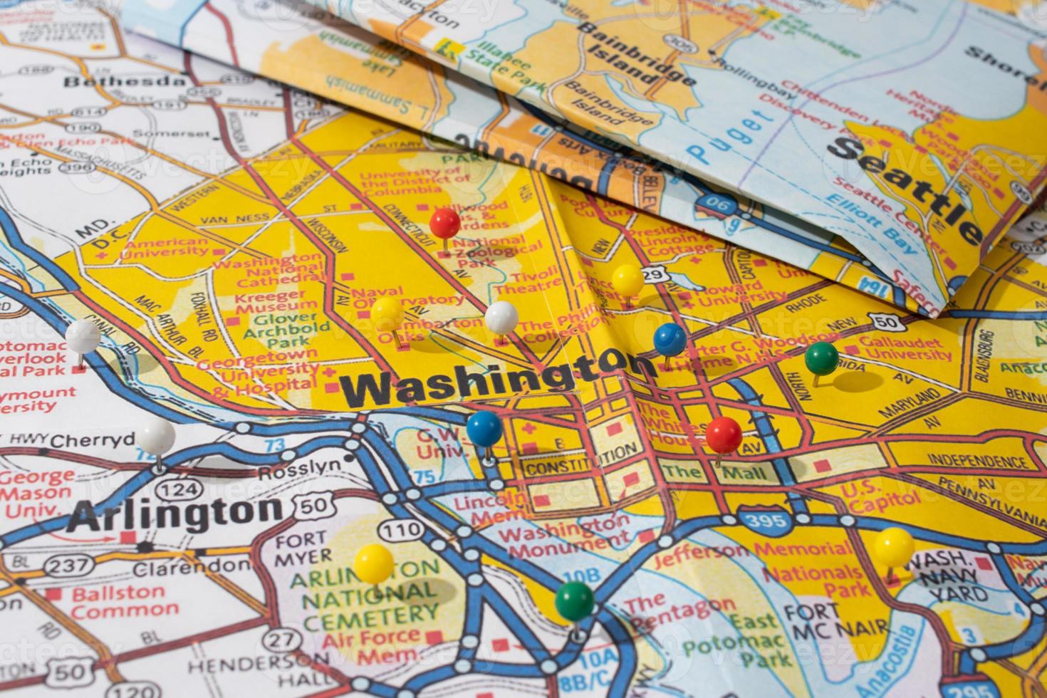 location Washington, push pin on map closeup photo