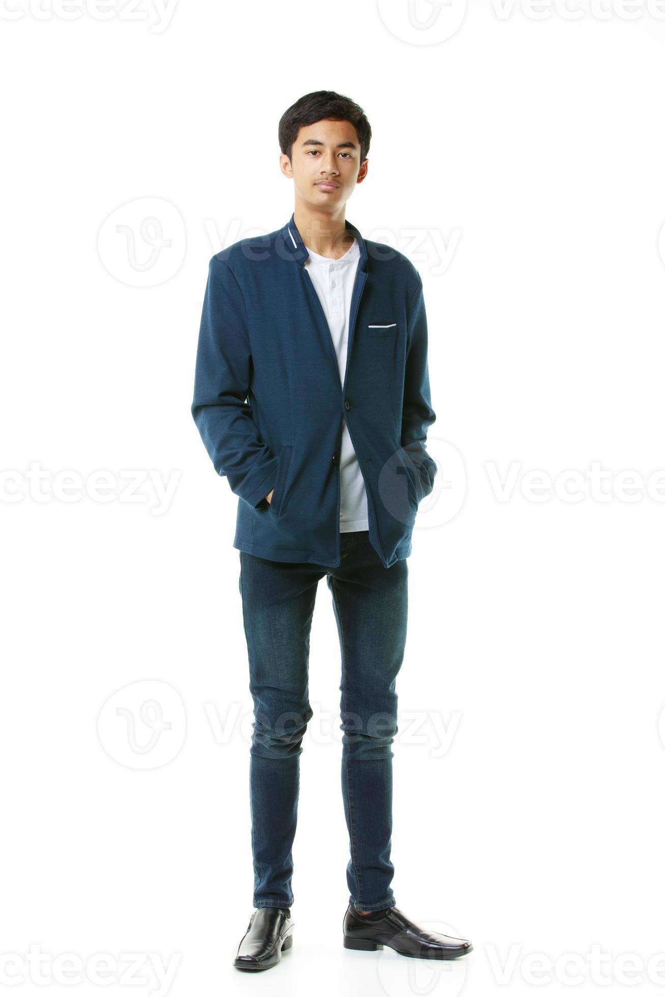 A full-body portrait of an early teenage boy. Smart, slim, tall Asian man  in casual clothes standing elegantly on white background. 14282448 Stock  Photo at Vecteezy