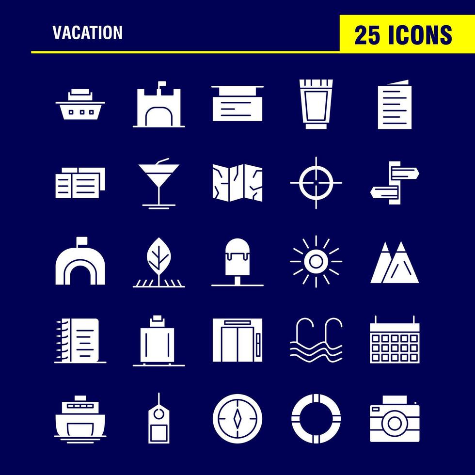 Vacation Solid Glyph Icons Set For Infographics Mobile UXUI Kit And Print Design Include Picnic Summer Vacation Building Vacation City Flag Board Icon Set Vector
